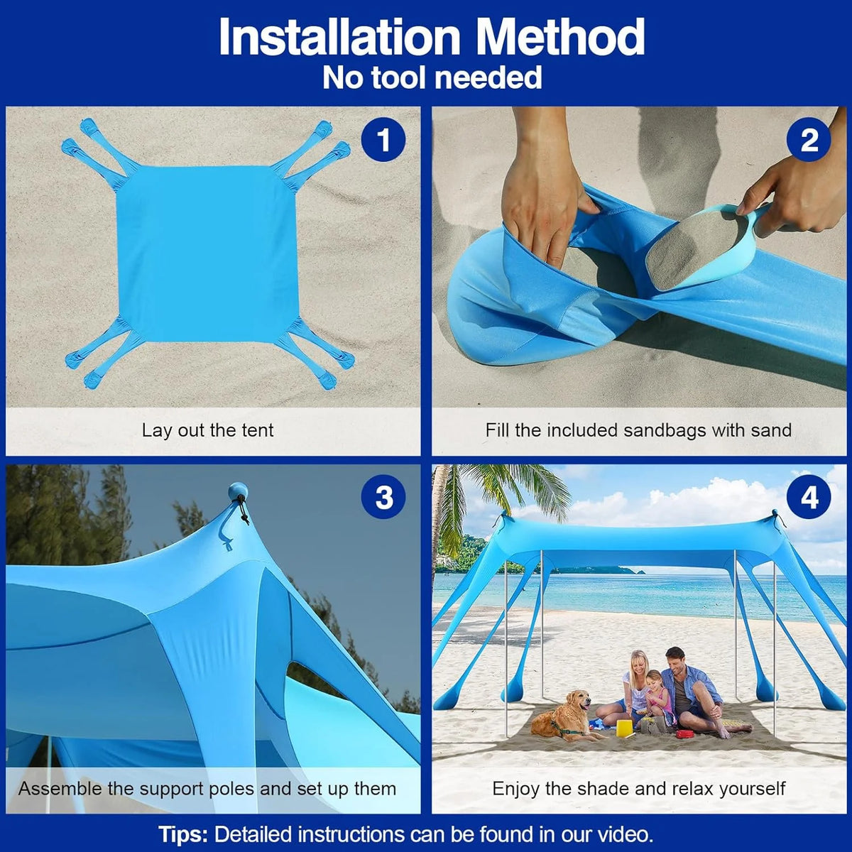 Rhino Valley Beach Tent Sun Shelter, Beach Canopy Tent Sun Shade U PF 50+ Protection with 8 Sandbags 4 Stability Poles, Outdoor Beach Shade Canopy for Beach, Camping, Fishing