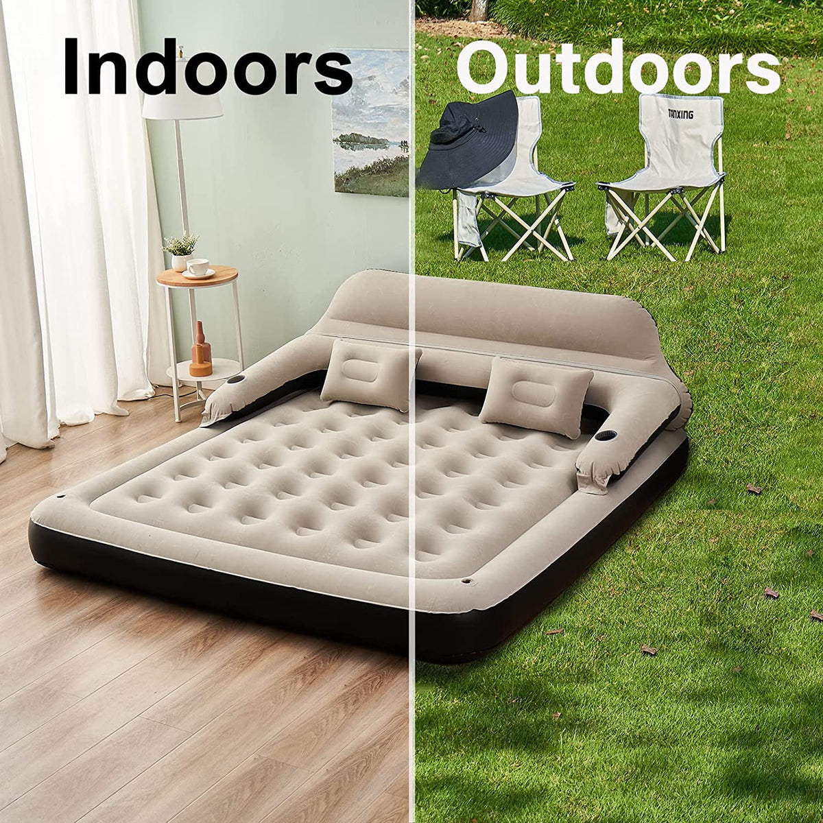 Queen Size Air Mattress Sofa Bed with Headboard and Pillow, Inflatable Bed for Outdoor Overnight
