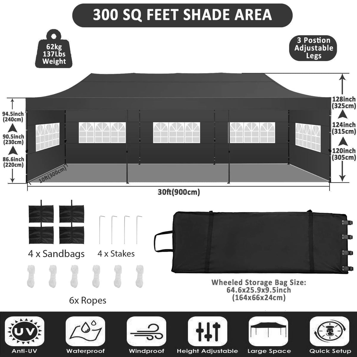 COBIZI 10'x30' Heavy Duty Pop Up Canopy Tent Outdoor Shelter Instant Commercial Tent with 8 Removable Sidewalls, 3 heigh Adjustable Gazebo with Wheeled Bag, Black