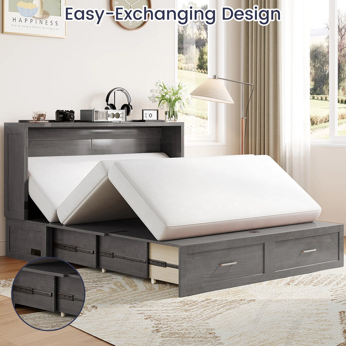 ZAFLY Murphy Bed with Trifold Foam Mattress, Cabinet Bed has USB Charging Station, Convertible Bed with Storage Platform, Cabinet Chest Bed with Large Drawers for Living Room/Bedroom (Grey)