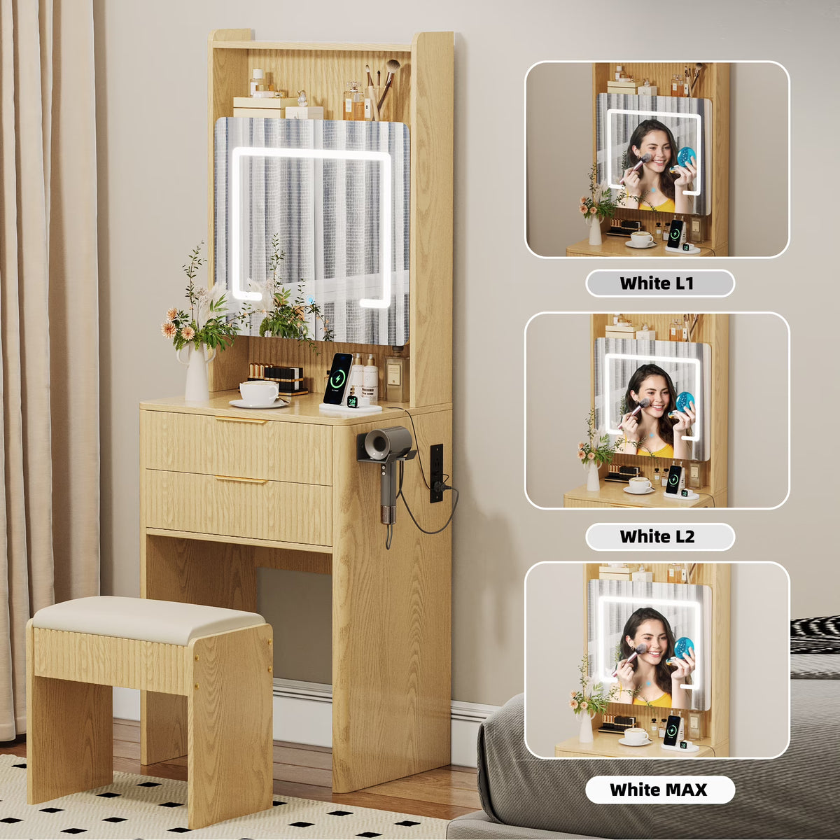 UGTOO 45.2" Modern Vanity Desk with LED Mirror & USB Charging, Wood Makeup Dressing Table with 7 Drawers for Bedroom