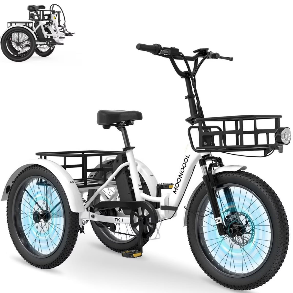 MOONCOOL TK1 Folding Electric Tricycle for Adults,48V 14.5Ah Removable battery, 500W Peak 1000w Motor, 20" Fat Tire Step-Thru 3Wheel Electric Bicycle w/Front&Rear Baskets, Certified to UL 2849 by SGS