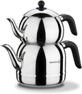 Korkmaz 18/10 Ci/Ni Stainless Steel Retro Teapot Set, Black Handles, Top Pot 1.1 Lt, Bottom Kettle 2.5 Lt