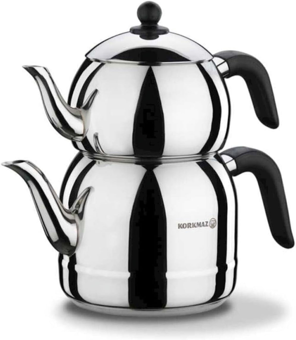 Korkmaz 18/10 Ci/Ni Stainless Steel Retro Teapot Set, Black Handles, Top Pot 1.1 Lt, Bottom Kettle 2.5 Lt