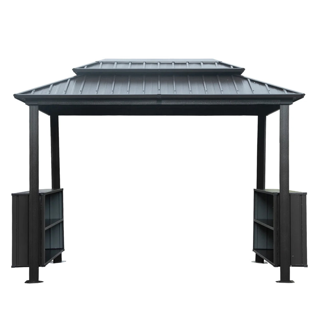 6x10 FT Shade Grill Gazebo, Outdoor BBQ Gazebo with Double Galvanized Steel Roof, Patio Grill Canopy with 2 Cabinets and Ceiling Hooks for Backyard, Lawn, Garden, Backyard, Brown