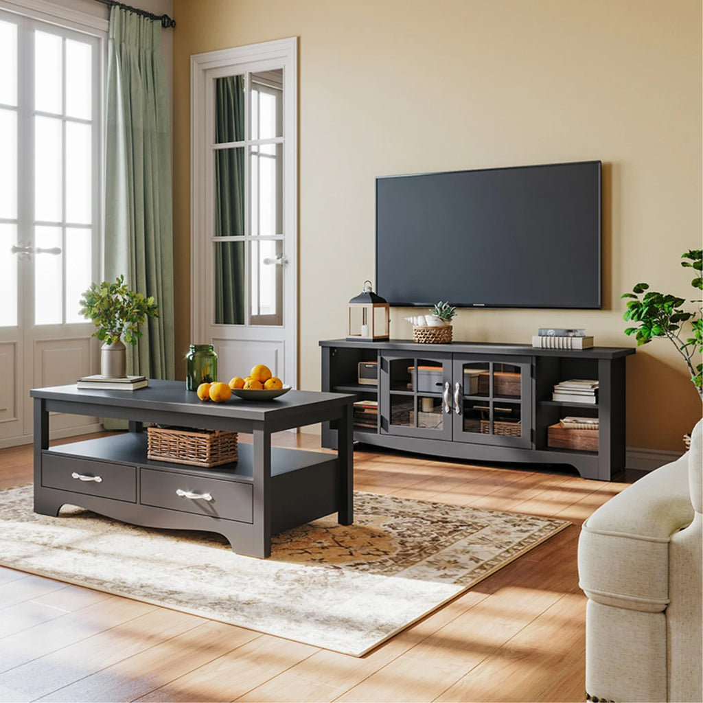 LINSY HOME Modern Farmhouse TV Stand for TVs up to 65",Home Entertainment Center with Storage Cabinet and Adjustable Shelves,Washed Grey & Brown