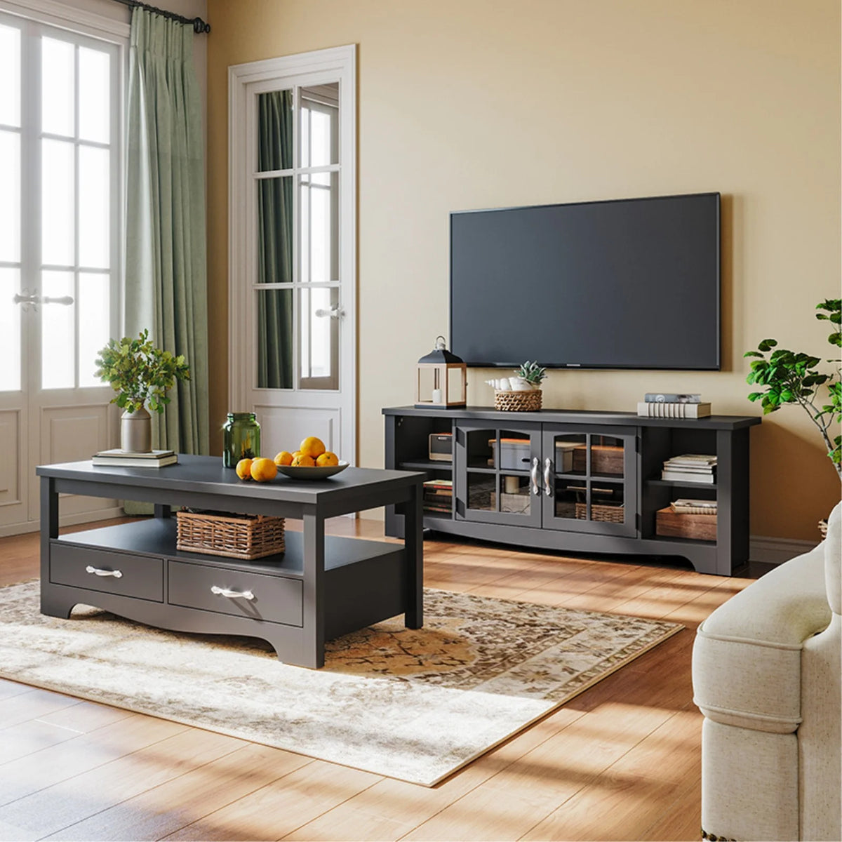 LINSY HOME Modern Farmhouse TV Stand for TVs up to 65",Home Entertainment Center with Storage Cabinet and Adjustable Shelves,Washed Grey & Brown