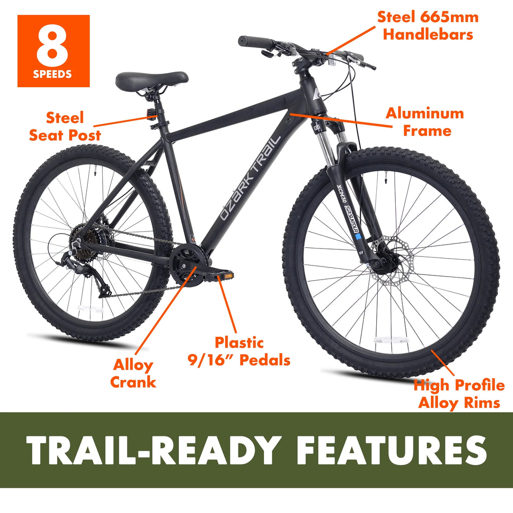 Ozark Trail 27.5" Vibe Mountain Bicycle, Small Frame, Fits Riders 5'0" - 5'6", Black, Adult, Unisex