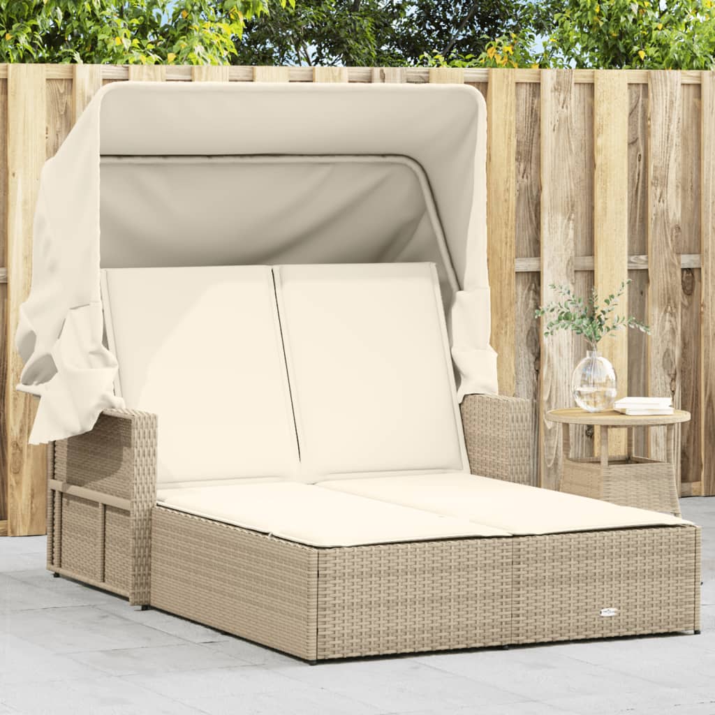 vidaXL Powder Coated Steel Removable Canopy and Cushions Double Sun Lounger, Beige