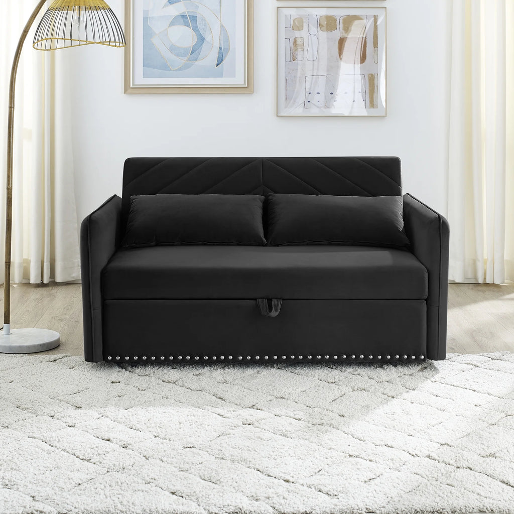 55" Convertible Sleeper Sofa Bed,3 in 1 Convertible Sleeper Loveseat with USB Ports,Modern Velvet Pull Out Sofa Bed with 2 Pillows and Rivet Design for Living Room Furniture,Gray