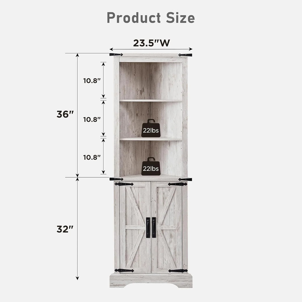 OKD Farmhouse Tall Corner Cabinet with Barn Door & Adjustable Shelves, 68" Rustic Wood Corner Cabinet with Storage Cabinet for Bathroom, Kitchen, Antique White