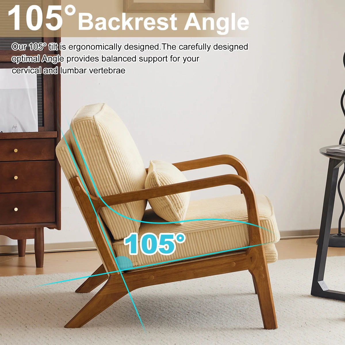 Ktaxon Accent Chair Corduroy Upholstered Armchair, Reading Club Chair with Pillow and Solid Wood Frame for Living Room Bedroom Furniture Off White