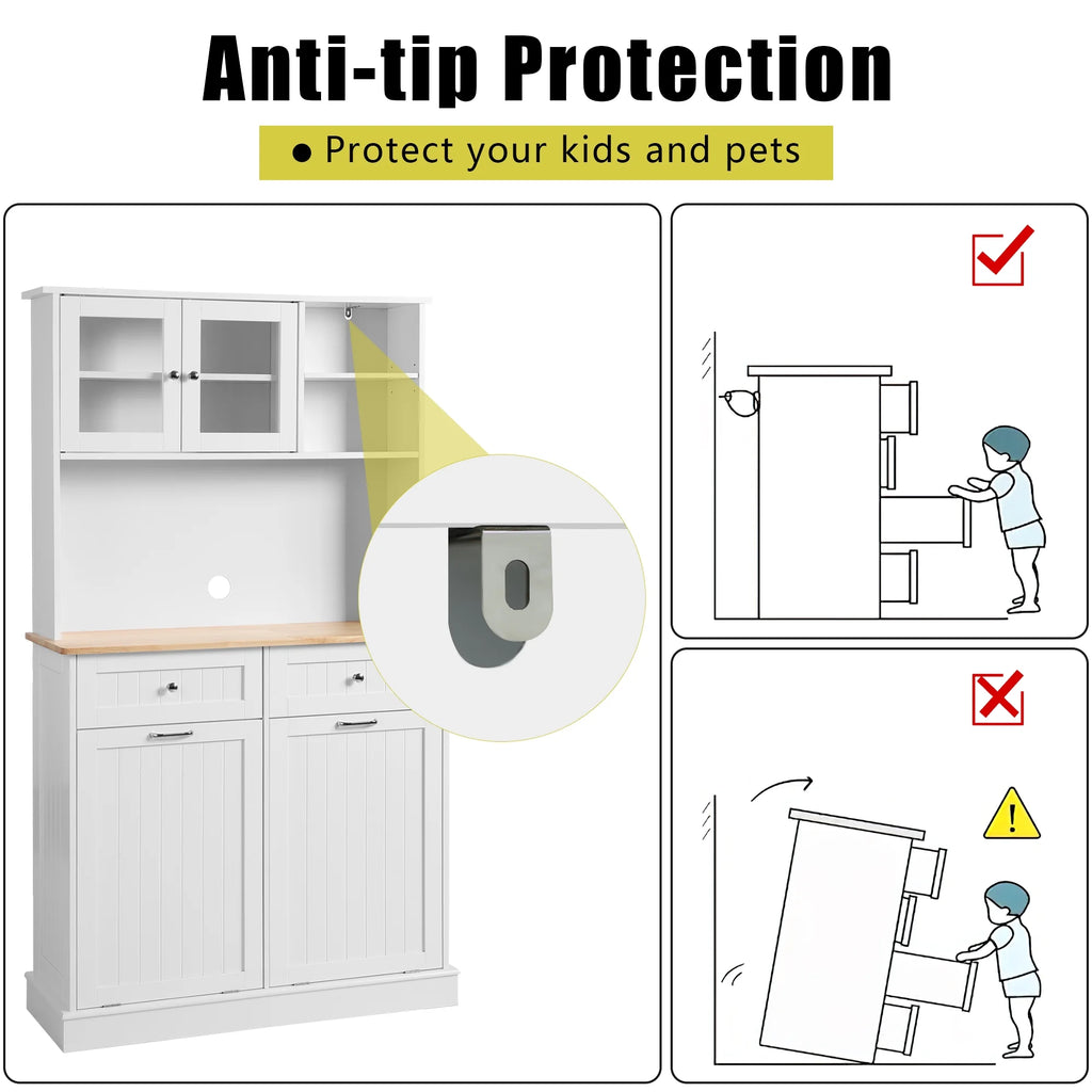 KIGOTY Dual Kitchen Trash Cabinet, Double Tilt Out Trash Can Cabinet with Countertop and Drawer, Free-Standing Pet Proof Recycling Cabinet Garbage Can Holder, Wood (White)