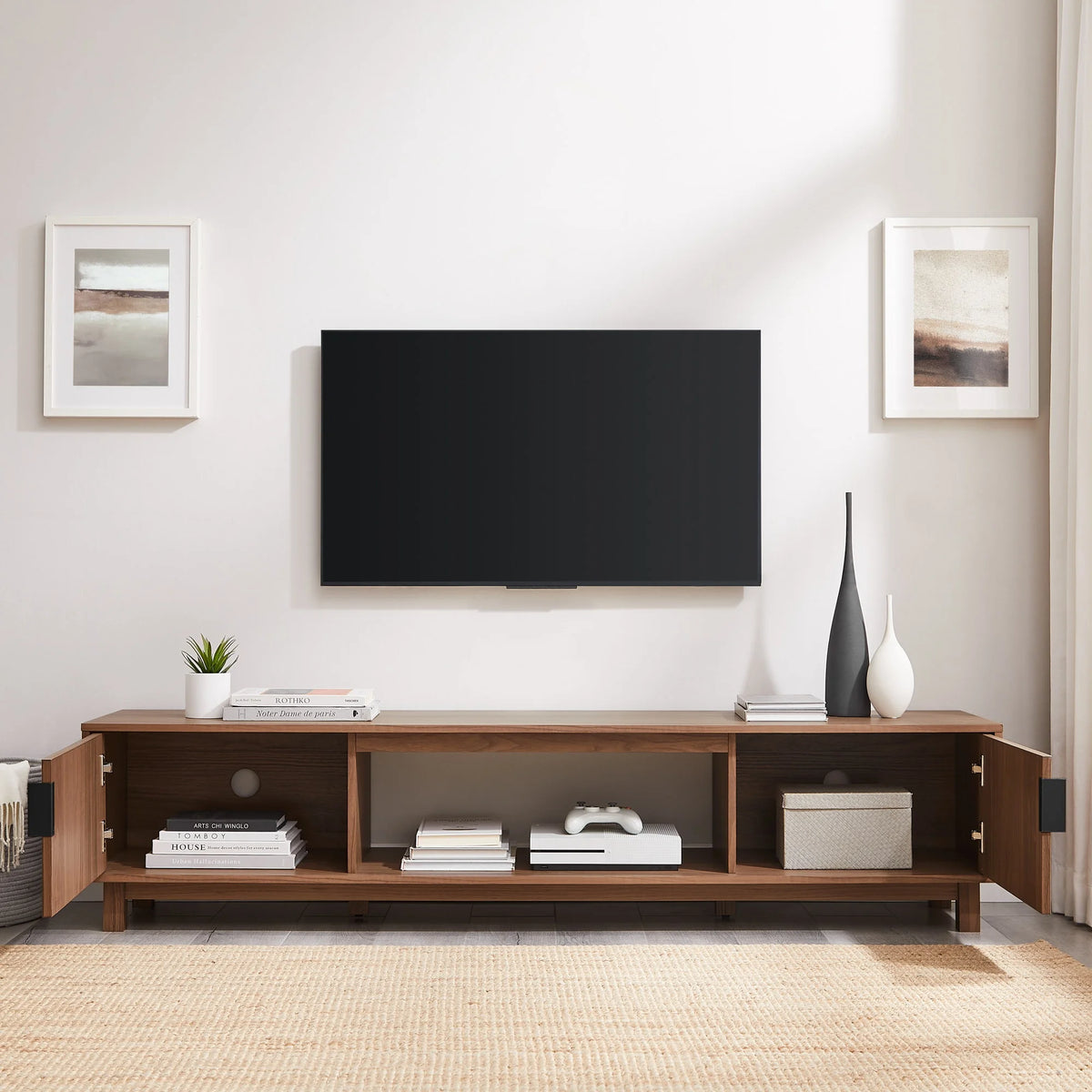 Walker Edison Mid-Century Modern Reeded 2-Door TV Stand for TVs up to 80, Coastal Oak