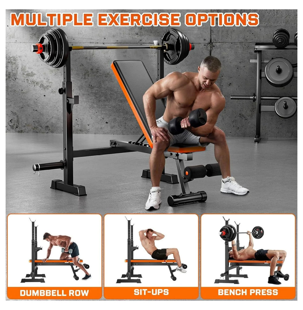 770lbs Weight Set with Squat Rack, 5 in 1 Workout Press With Removable Foot Catch, Adjustable Flat Incline Sit Up for Home Gym Full Body Strength Training orange