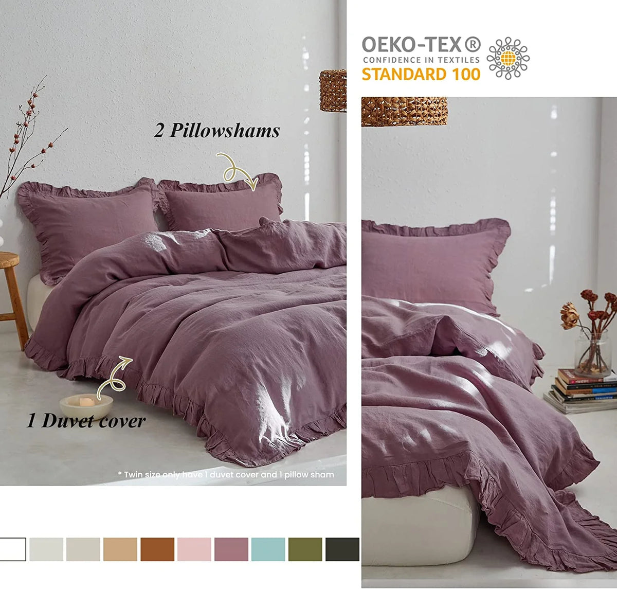 Simple&Opulence 100% Washed Linen Duvet Cover Set-3 Pieces Shabby Chic Premium Ruffled Bedding with 1 Comforter Cover and 2 Pillowshams France Flax High End Frill Sets Vintage Style(King, White)