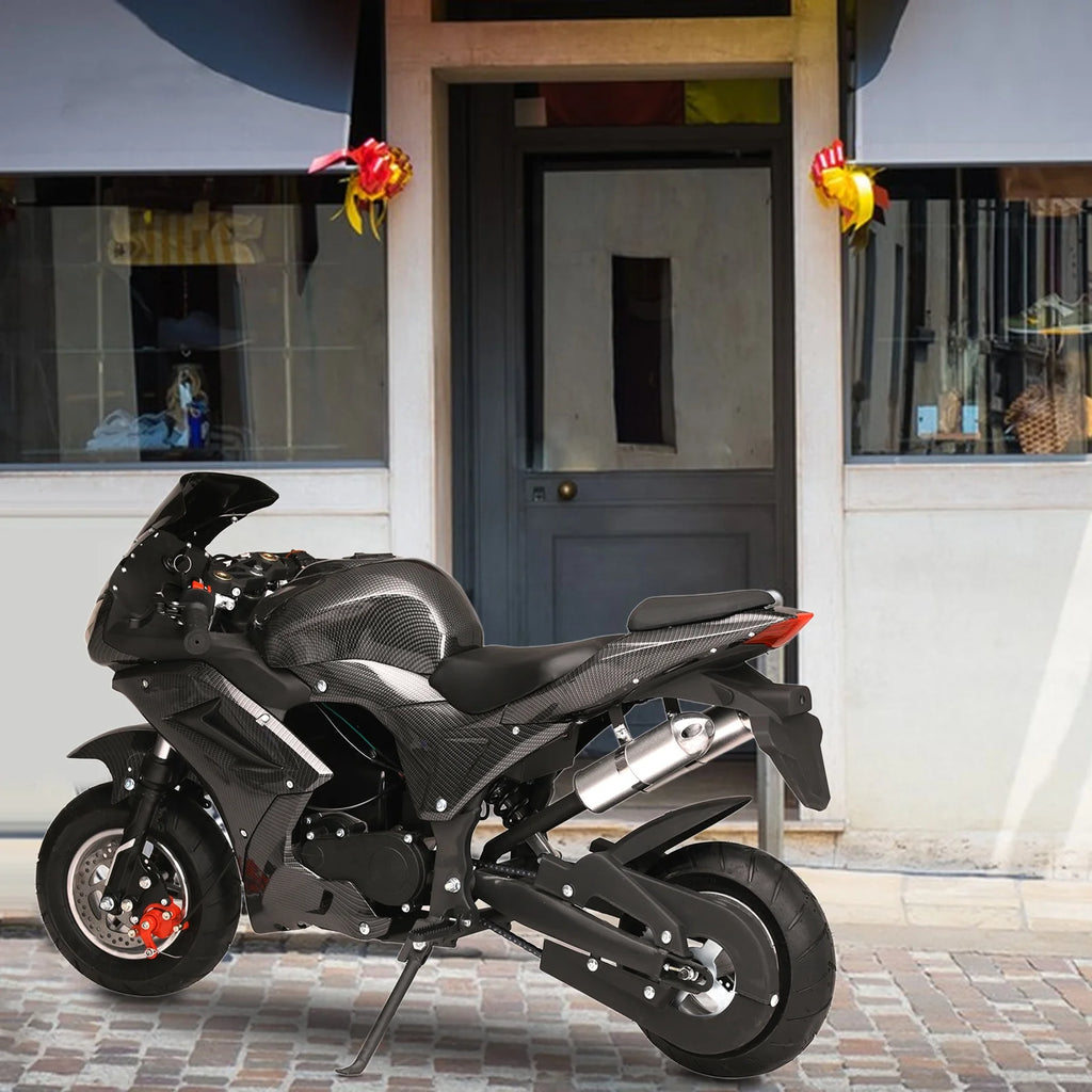 49cc 4-Stroke Pocket Rocket Motorcycle, Mini Motorcycle, Gas Pocket Motorbike with Front Rear Disc Brakes, Racing Max Speed 25MPH, Dual Headlights-Black