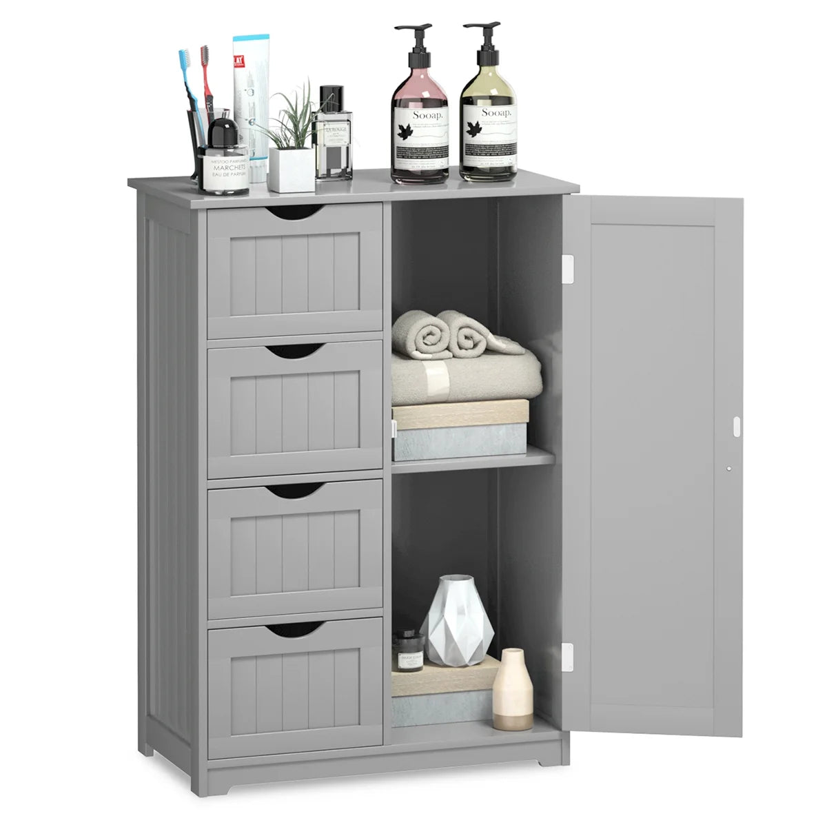 Bathroom Storage Wooden 4 Drawer Cabinet Cupboard 2 Shelves Free Standing White