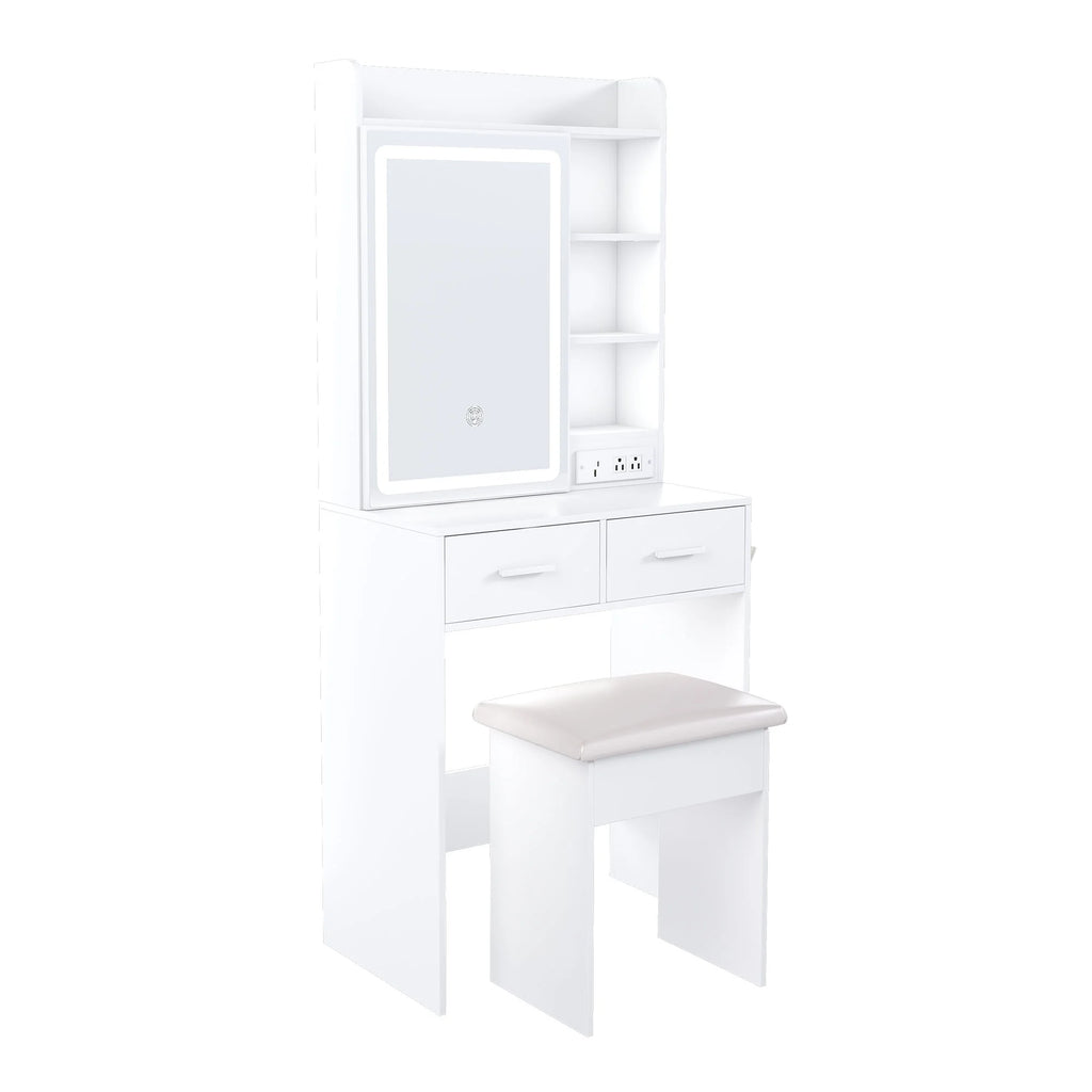 Small White Makeup Vanity Desk with Mirror and Adjustable LED Lights, Built-in Power Outlet and Hidden Storage