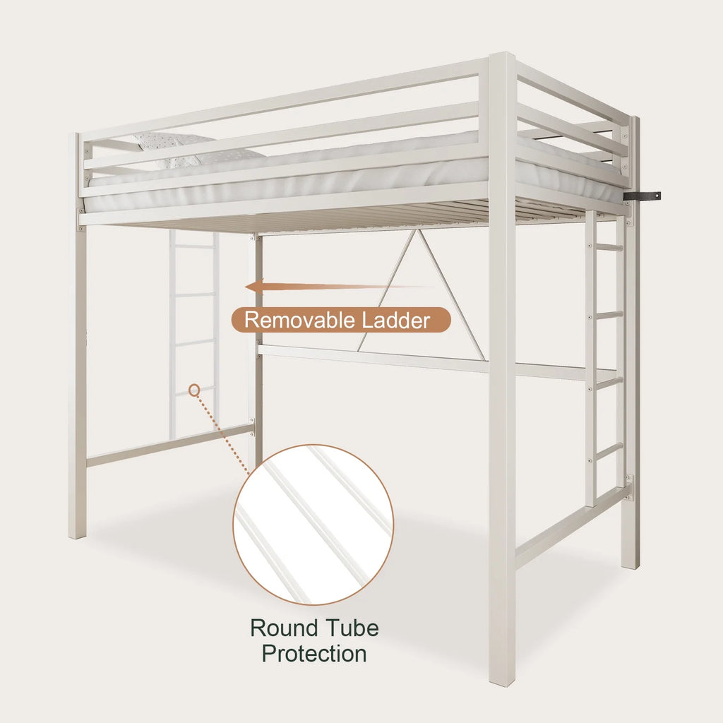 Amolife Twin Size Heavy Duty Metal Loft Bed with Removable Ladder & Full-Length Guardrail, Black