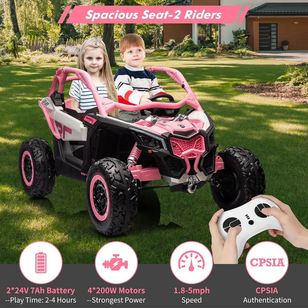 EastVita 2 Seats Ride on Ride on Car 200W Motors UTV,with Remote Control 23" Seats Width Electric Vehicle, EVA Wheels,Music,Head+Tail Light