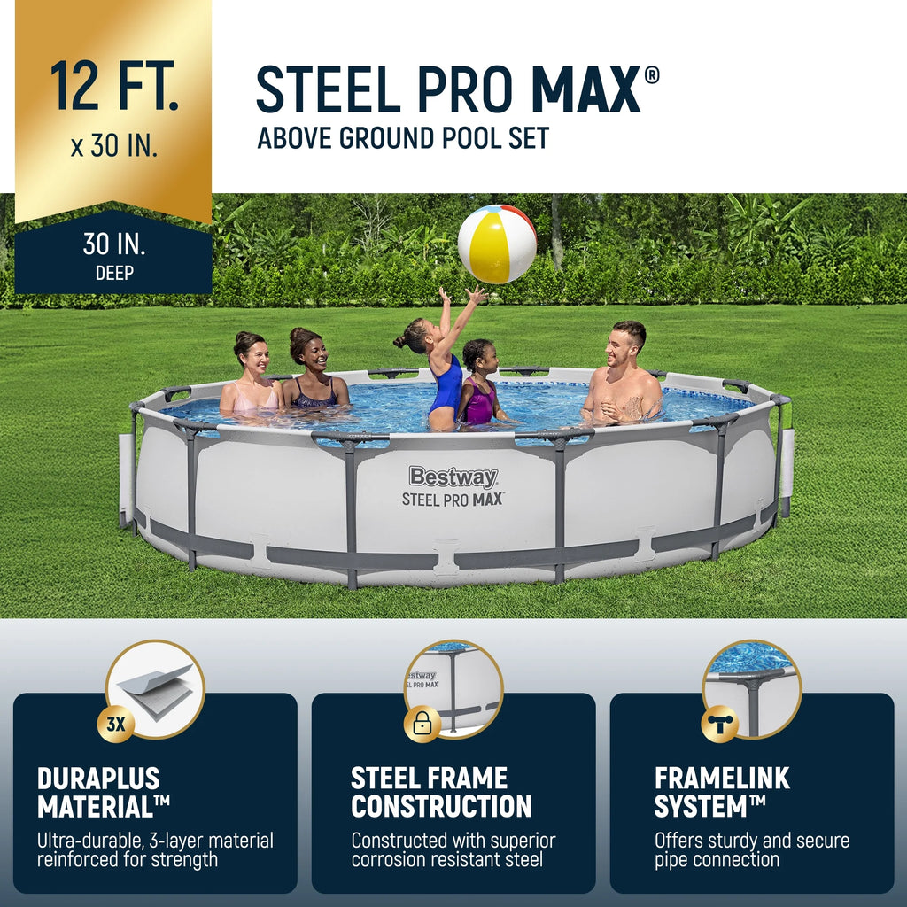 Open Box Bestway Steel Pro MAX 12' x 30" Above Ground Swimming Pool Set, Gray