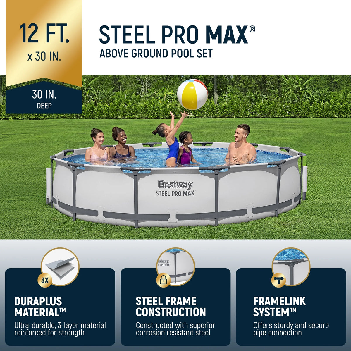 Open Box Bestway Steel Pro MAX 12' x 30" Above Ground Swimming Pool Set, Gray