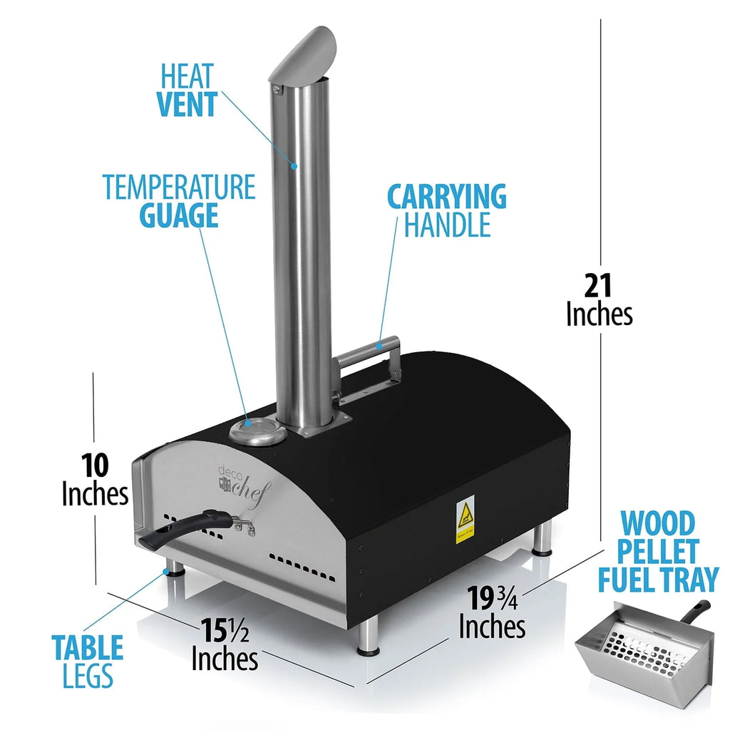Deco Chef Outdoor Pizza Oven with 2-in-1 Pizza and Grill Oven Functionality, 13" Pizza Stone, Portable Stainless Steel Construction, Pizza Peel, Dough Scraper, Scoop, Slotted Grill (Black)