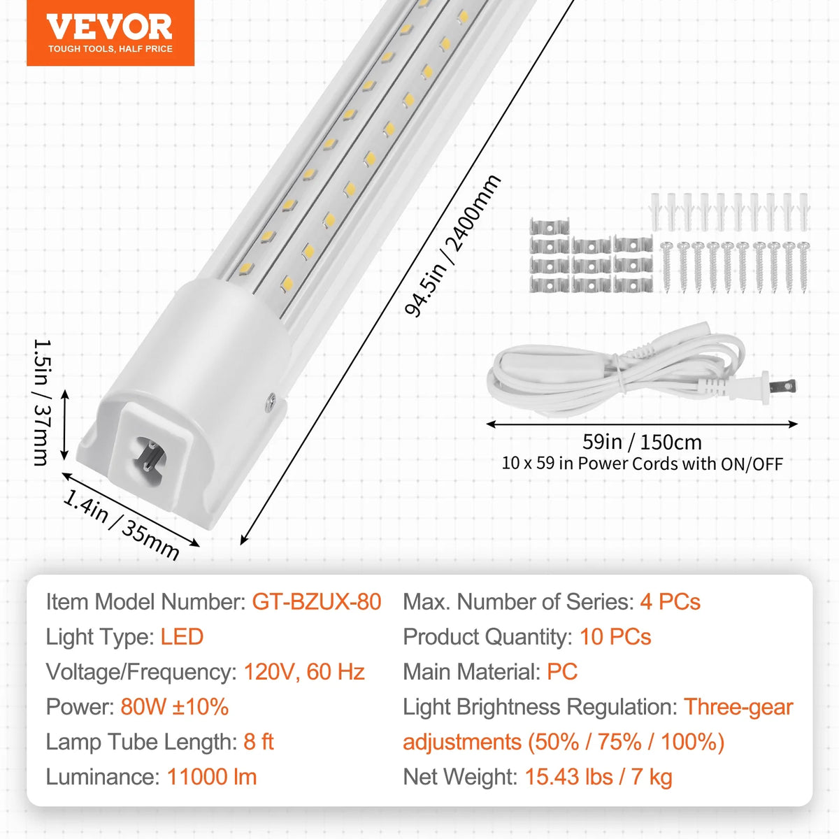 VEVOR 10 Pack LED Shop Light, 8 FT, 80W Linkable Shop Light Fixture, 10000 LM Ceiling Lights 59 in Power Cords with ON/OFF Switch 48 in Connector Cables, for Garage Warehouse Home Workkshop