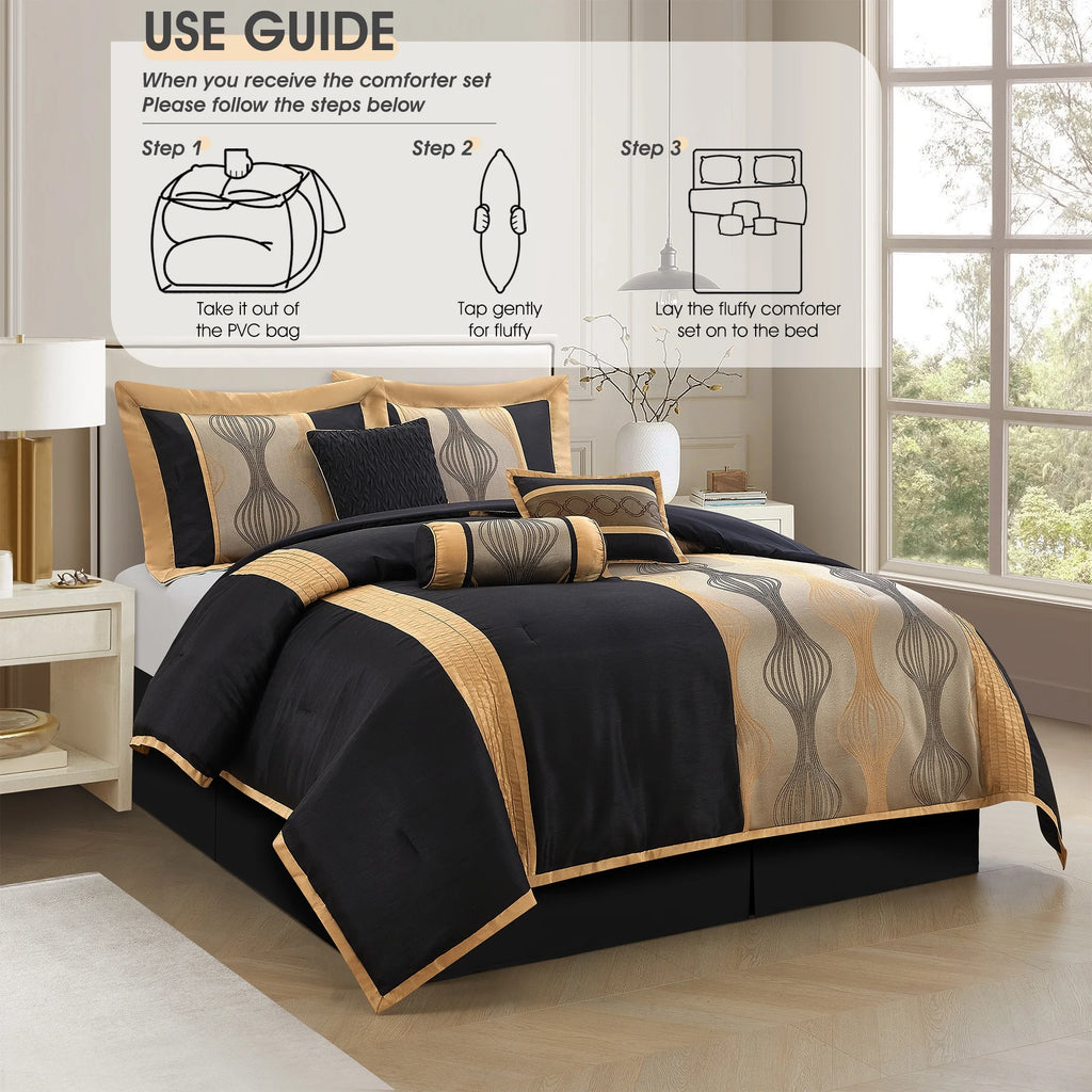 Lanco Black Silver Comforter Set , California King Size , 7 Pieces Fashion Jacquard Bedding Set