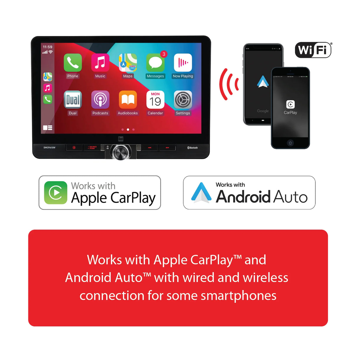 Dual Electronics 10.1" Touchscreen Car Stereo Receiver with Wireless Apple CarPlay & Android Auto Includes Single & Double DIN Adapters, Bluetooth, USB DMCPA10W (New)
