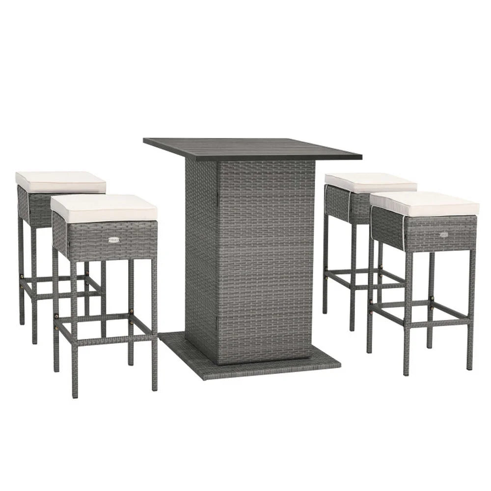 Topcobe 5 Pieces Outdoor Wicker Bar Table Set with Hidden Storage Shelves, Outdoor Patio Furniture for Garden Backyard Pool Deck-White