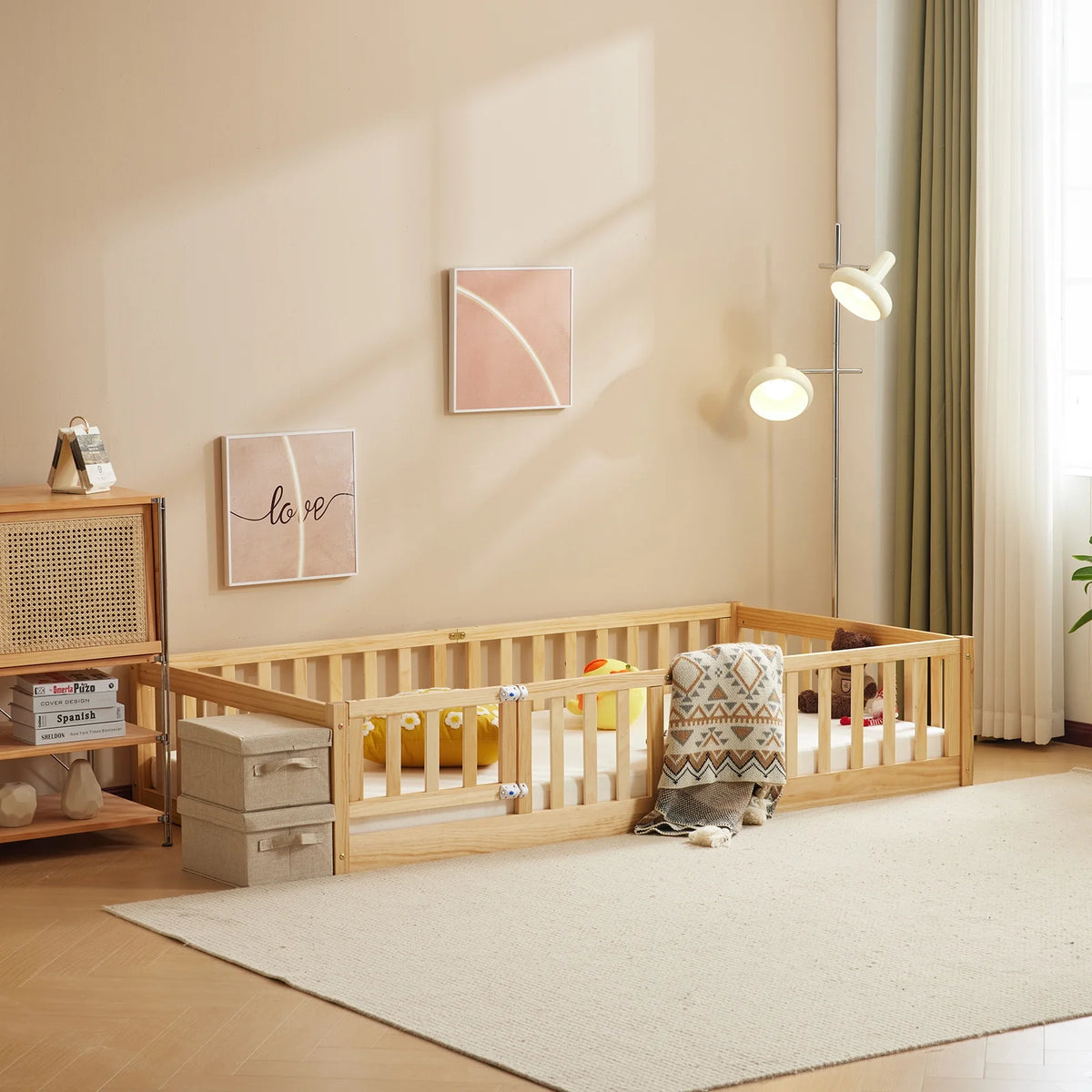 Ktaxon Montessori Twin Floor Bed with Safety Guardrails, Toddler Bed Frame for Kids, Wood Frame - Nature