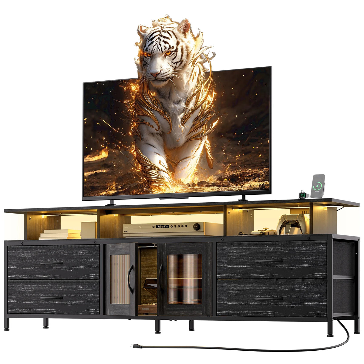 GUNAITO TV Stand for TV up to 70", Big TV Stand for Living Room Entertainment Center with LED Lights and 4 Fabric Drawers , Black
