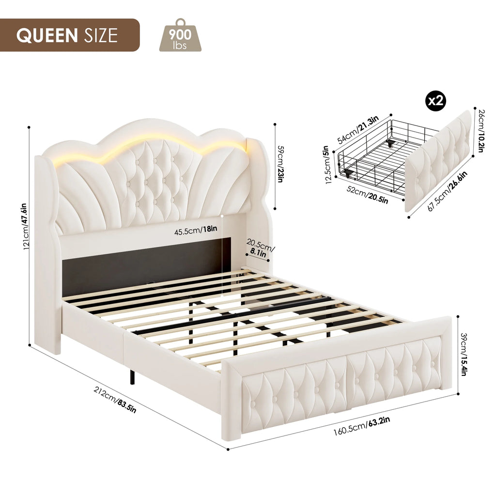 Hiphuta Modern Queen Bed Frame with 2 Drawers, LED Lights Platform Bed Frame, Sturdy Beds Frame with Upholstered Button Tufted Headboard, Velvet White
