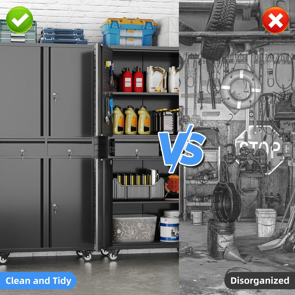 GangMei 71 Inches Tall Metal Garage Storage Cabinets with 5 Adjustable Shelves & Pegboards, Lockable Steel Black Storage Cabinet with Doors for Office, Home, School, Shops, Garage, Assembly required