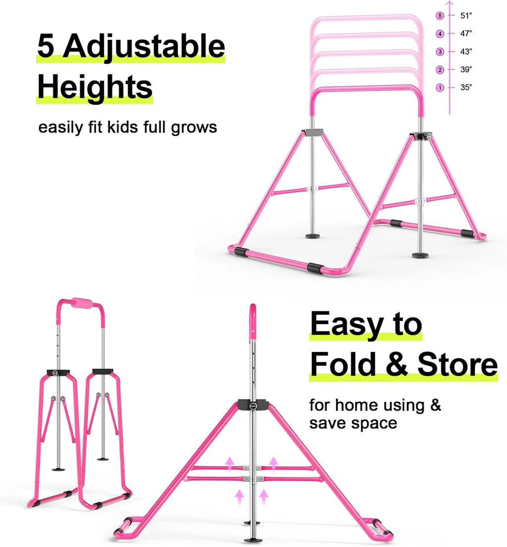 Safly Fun Gymnastics Bar with Mat for Kids, Height Adjustable Junior Training Bar Mat for Home, Folding Gymnastic Horizontal Bars Equipment (Pink+Mat)