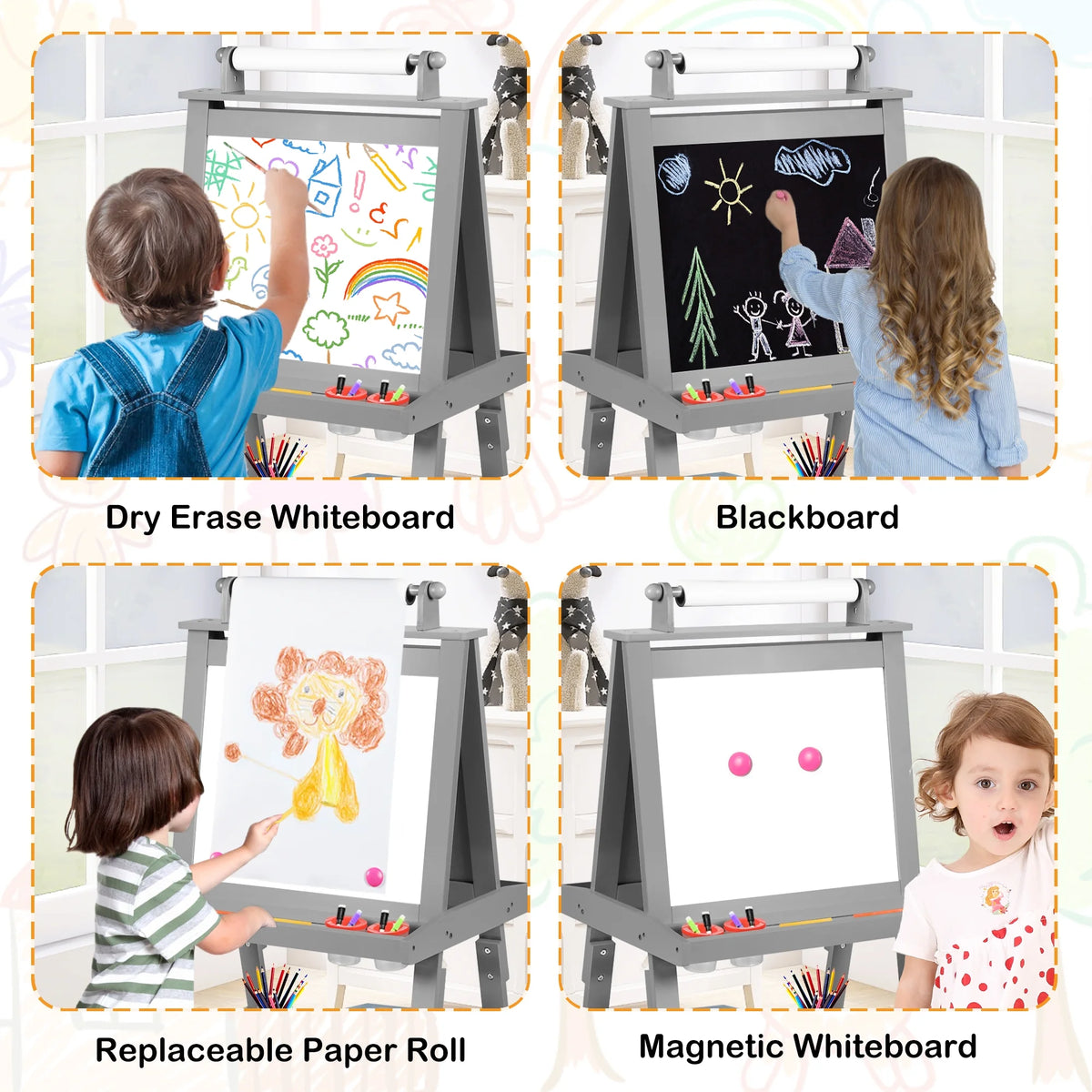 LINLUX 3 in 1 Art Easel for Kid, Whiteboard for Kid with Stand, Magnetic Chalkboard Pizarra, Grey