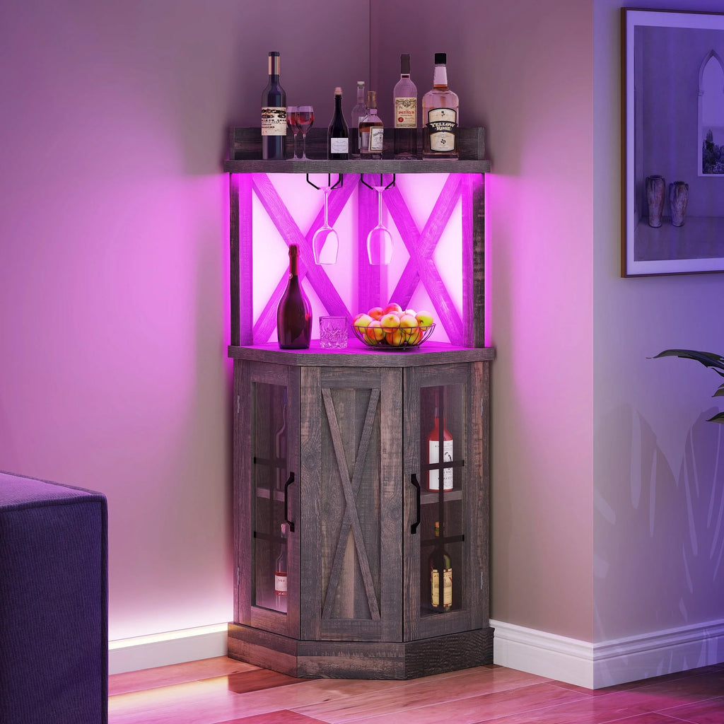 DEXTRUS 72" Corner Bar Unit, 3 Tier Freestanding Wine Bar Cabinet with LED Lights & Glass Holder & Adjustable Shelf, Black Oak