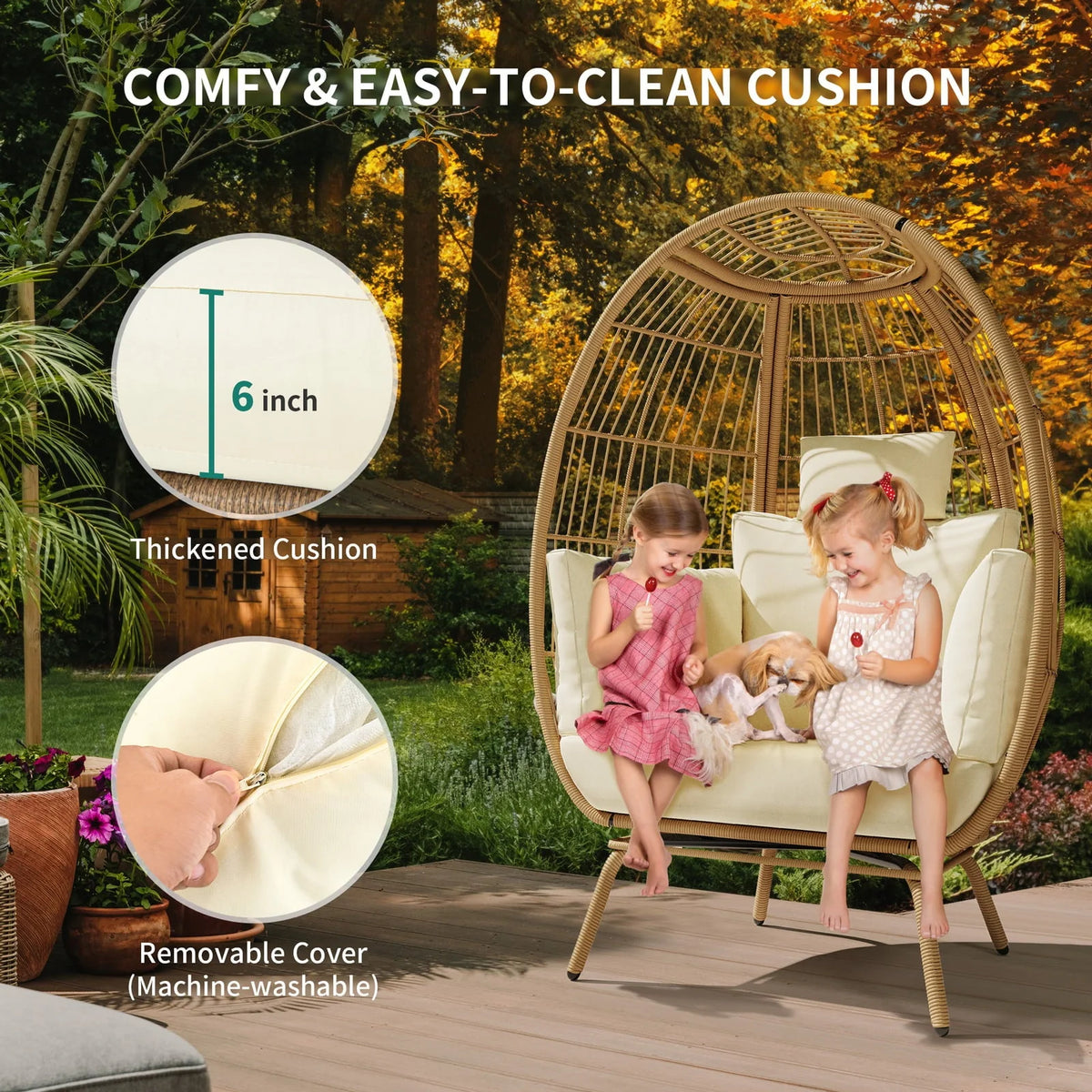 DWVO Wicker Egg Chair, Oversized Indoor Outdoor Lounger for Patio, Backyard, Living Room, Beige
