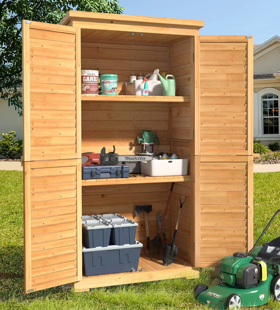 Lofka Outdoor Storage Cabinet Garden Shed w/ Asphalt Roof, Wooden, Natural