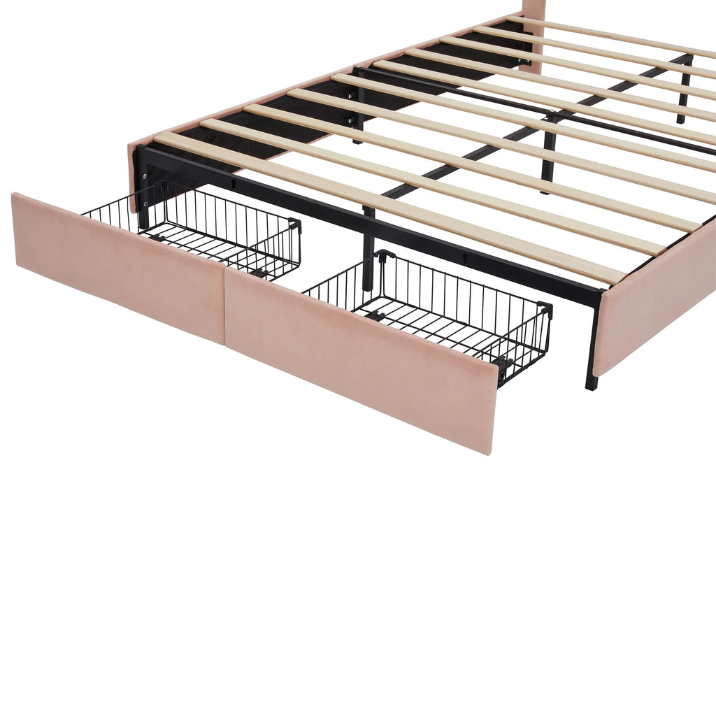 PORKISS Full Size LED Bed Frame with Drawers, Velvet Upholstered Bed, Princess Platform Bed with Chic Double Petal Headboard for Adults Teens, Pink