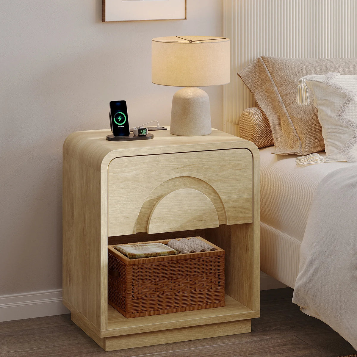 Bestier Nightstands Set of 2 with Charging Station, Modern Bedside Table End Table with Storage Drawer & Open Shelf for Bedroom Living Room Dorm Office, Natural