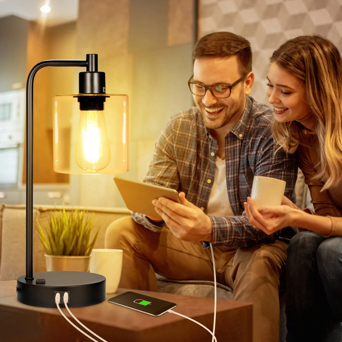Neoglint Set of 2 Industrial Table Lamps, Black Touch Control 3-Way Dimmable, 2 USB Ports & AC Outlet Bedside Nightstand Lamps