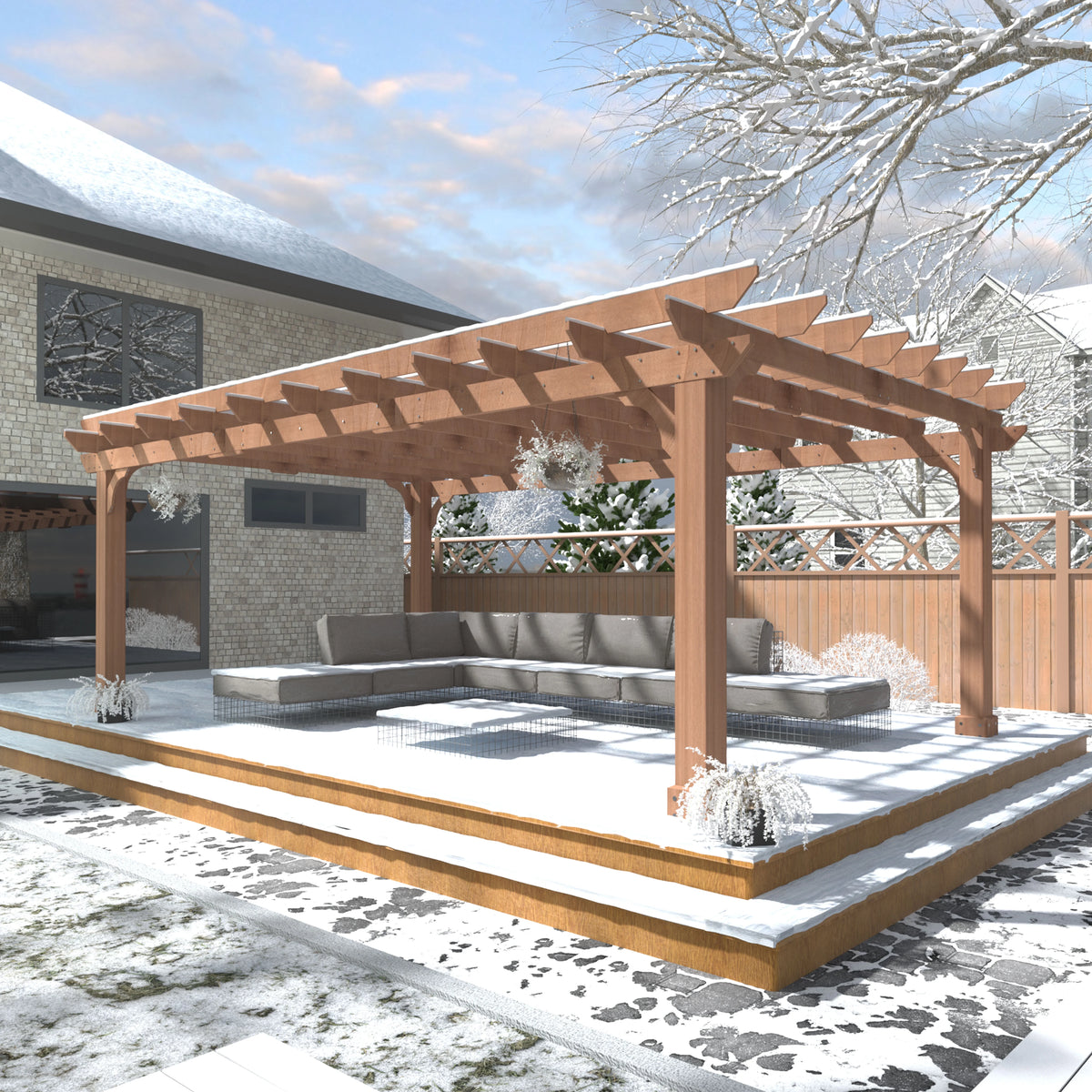 VEIKOUS 12'x10' Cedar Wood Pergola w/ Flat Roof and Ground Stakes for Outdoor Patio, Garden, Deck