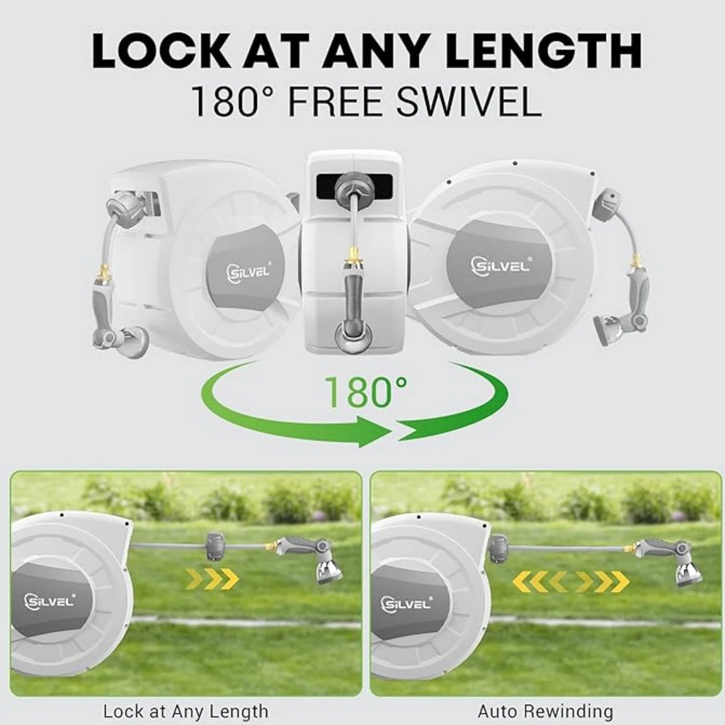 Gewna 1/2 in x 100 ft Retractable Wall Mounted Garden Hose Reel with 10 Pattern Nozzle, Any Length Lock, Slow Return System, 180 Swivel Bracket