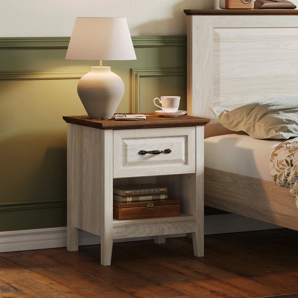 Linsy Home Nightstand for Bedroom set of 2 with Charging Station, Farmhouse End Tables for Living Room set of 2 with Drawer, Beige