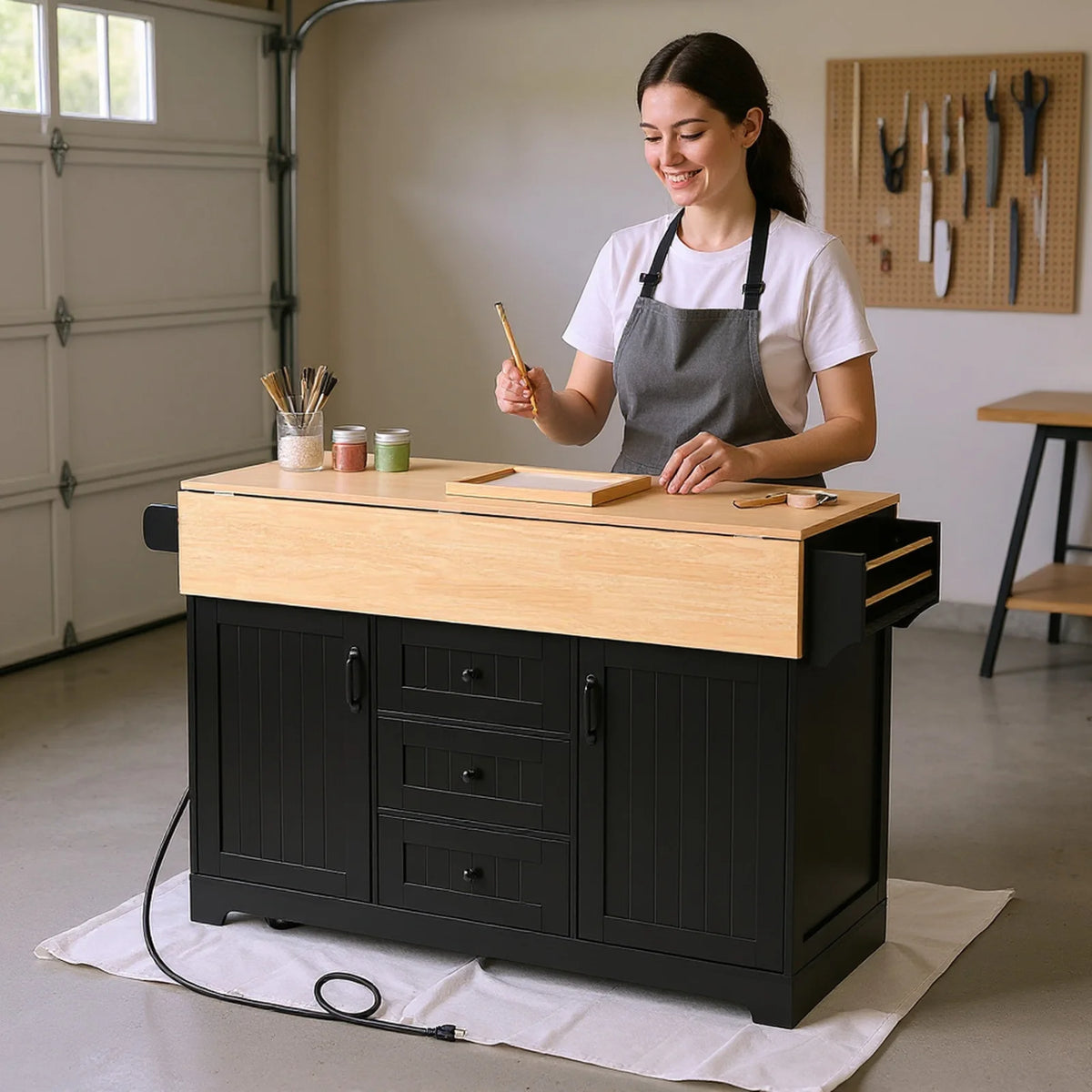 Homy Casa Rolling Large Garage Storage Cabinet with Dual Drop Leaves, Power Outlets for Office Gym, School