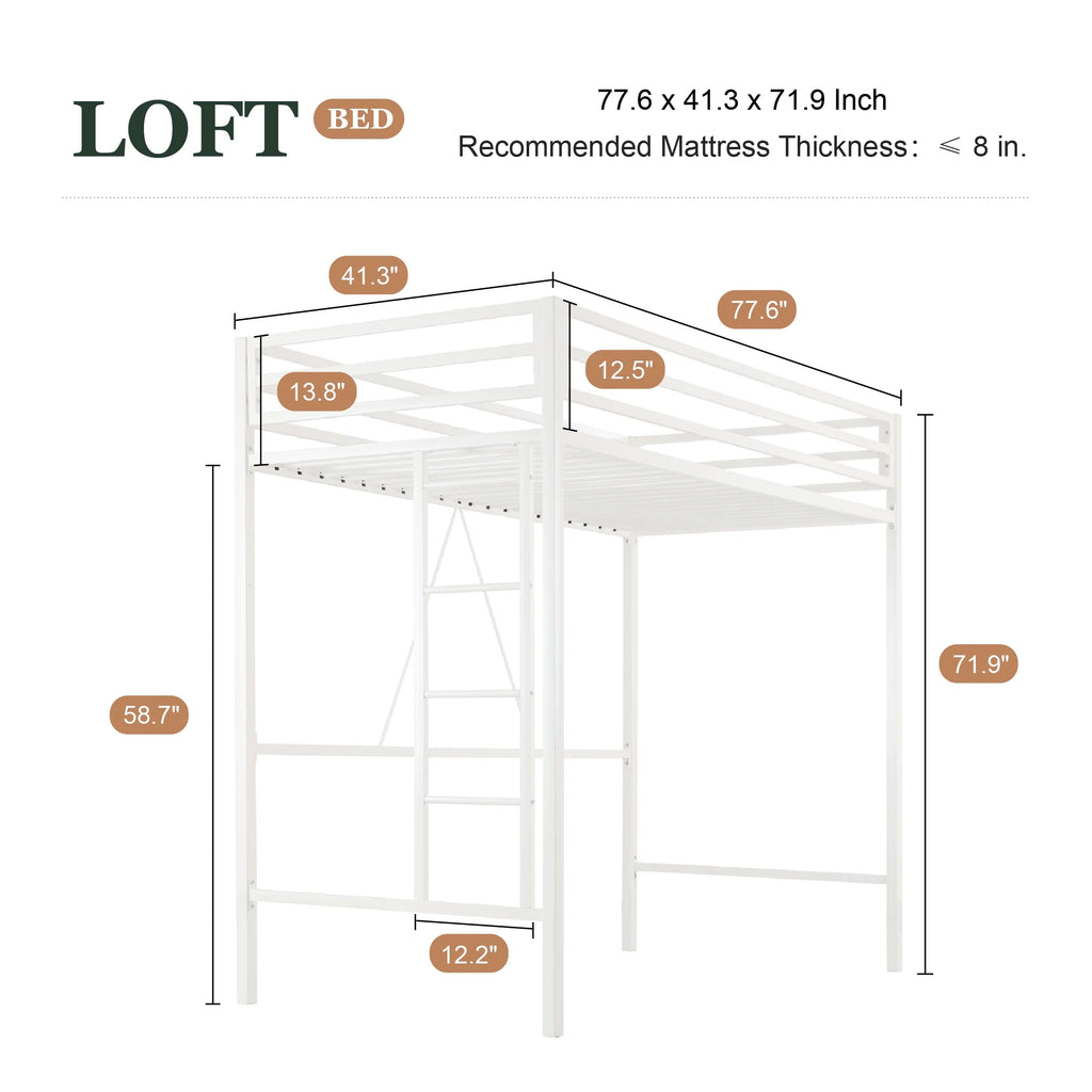 Amolife Twin Size Heavy Duty Metal Loft Bed with Removable Ladder & Full-Length Guardrail, Black