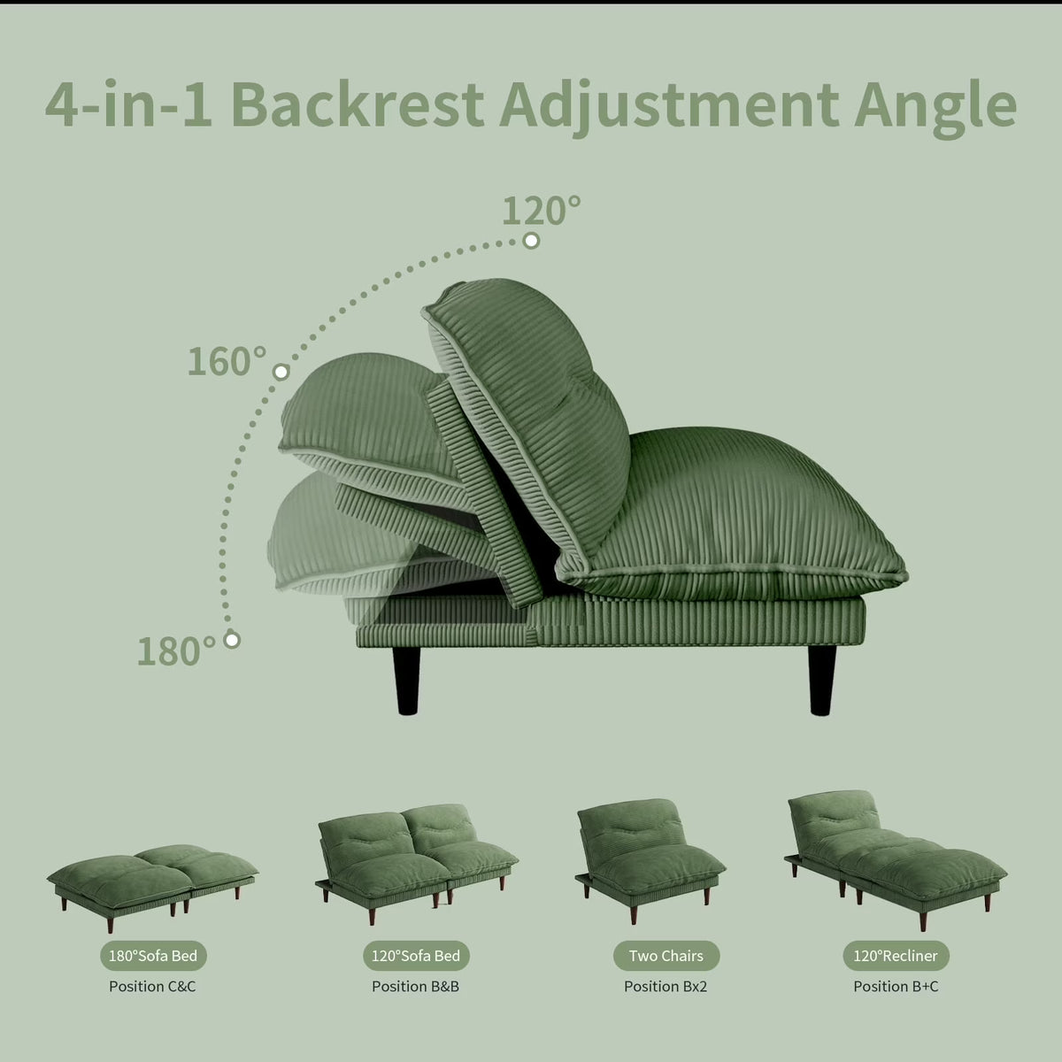75" 4-in-1 Corduroy Futon Couch - Convertible to Lounger, Tatami & 2 Chairs, 3-Angle Adjustable Backrest, Solid Wood Frame, 300 LBS Capacity,Green